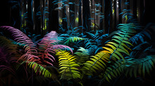 Forest Of Giant, Iridescent Ferns, Surreal Background, Landscape Background, Desktop Background, Concept For Banner, Web Background And Templates, Aspect-ratio 16:9