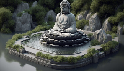 Sticker - Meditating statue in lotus position brings harmony to tranquil scene generated by AI