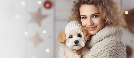 Poster - A chic grown up lady with a cheerful expression wearing a cozy sweater and scarf embraces a soft toy dog This composition symbolizes the holiday spirit of Christmas and New Year shown in a 