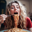 funny picture showing close up woman eating spaghetti