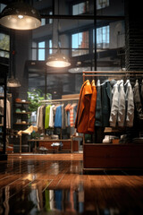 Aufkleber - A picture of a clothing store with clothes hanging on a rack. This image can be used to showcase the variety of clothing options available in a store or to illustrate a shopping experience