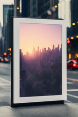 Poster - A stunning cityscape with a beautiful sunset in the background. Perfect for adding a touch of serenity and beauty to any project