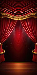 Wall Mural - A stage with a red curtain and a gold ring. This image can be used to depict a theatrical performance or a grand event.