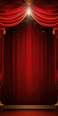 Poster - A stage with a red curtain and a spotlight. Perfect for theatrical performances, concerts, or presentations.