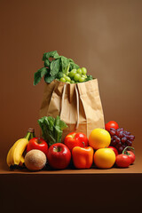 Poster - A colorful variety of fresh fruits and vegetables arranged in a bag on a table. Perfect for healthy eating and nutrition concepts