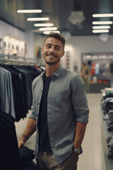 Poster - A man standing in a clothing store. Perfect for showcasing fashion trends and shopping experiences