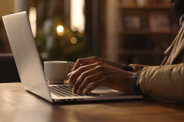 Poster - A person is seen typing on a laptop while holding a cup of coffee. This image can be used to depict a professional working environment or someone working remotely in a coffee shop