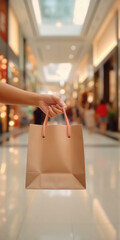 Poster - A person is seen holding a shopping bag in a bustling mall. This image can be used to depict a shopping experience or to showcase retail therapy.