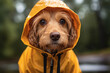 A dog wearing a yellow raincoat, focus on the outfit and expression