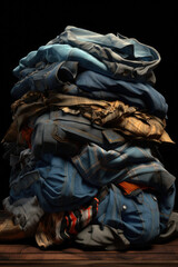 Poster - A pile of clothes sitting on top of a wooden table. This image can be used to depict laundry, fashion, organization, or cleanliness.