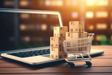 Poster - A shopping cart is seen next to a laptop computer. This versatile image can be used to represent online shopping, e-commerce, or technology.