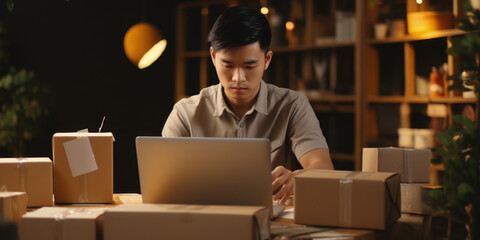 Poster - A man sitting at a table, focused on his laptop. This image can be used to depict a professional working environment or someone engaged in remote work.