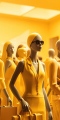 Aufkleber - A group of mannequins dressed in yellow. Suitable for fashion displays and store advertisements.