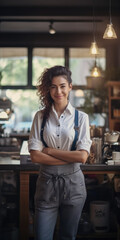 Poster - A woman is standing in a kitchen next to a counter. This image can be used to depict cooking, meal preparation, or home cooking activities.