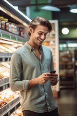 Poster - A man is seen looking at his cell phone while shopping in a grocery store. This image can be used to illustrate the use of technology in everyday life and the convenience of online shopping.