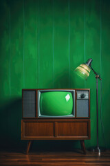 Aufkleber - A green television sitting on top of a wooden table. Perfect for showcasing technology or home entertainment concepts.