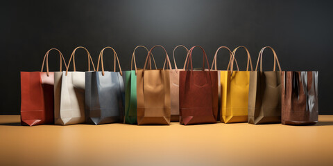 Sticker - A row of shopping bags sitting on top of a table. This image can be used to depict shopping, consumerism, retail, or a day of shopping.