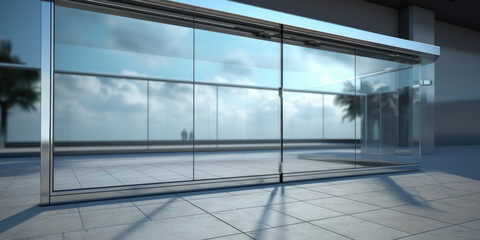 Poster - A picture of a glass wall with a palm tree in the background. This image can be used to depict modern architecture and tropical landscapes.