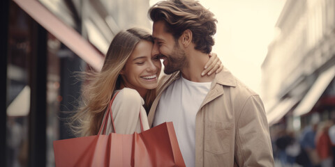Aufkleber - A picture of a man and a woman holding shopping bags. Perfect for illustrating shopping, consumerism, retail therapy, or couple activities.