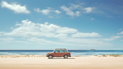 A fancy red car parked along beautiful broad beach under blue clear sky, with copy space, travel concept landscape scene.