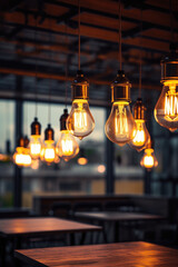 Poster - A cluster of light bulbs suspended from a ceiling. Perfect for adding a unique and modern touch to any space.