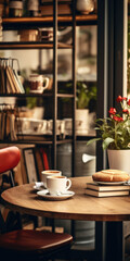Poster - Two cups of coffee on a wooden table. Perfect for coffee shop promotions or cozy home atmosphere.