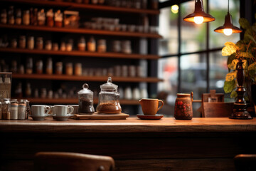 Aufkleber - A wooden table adorned with cups and saucers. Perfect for coffee shop menus or home decor accents.