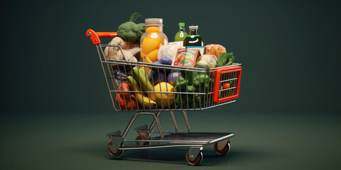 Poster - A shopping cart filled to the brim with a wide variety of food items. This image can be used to depict grocery shopping, meal planning, healthy eating, or food preparation.