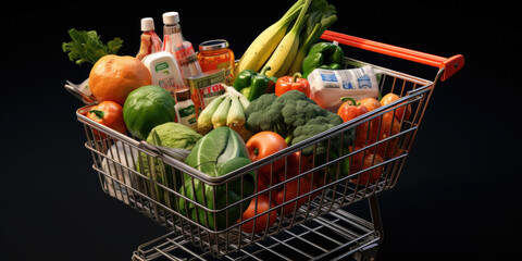 Poster - A shopping cart filled with a variety of fresh fruits and vegetables. Ideal for illustrating healthy eating, grocery shopping, or meal planning.