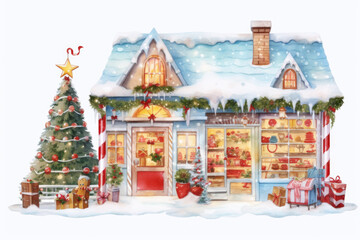 Aufkleber - A cozy house with a beautifully decorated Christmas tree in front of it. Perfect for holiday-themed designs and advertisements.