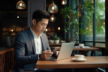 Poster - A man is sitting at a table and using a laptop computer. This image can be used to depict technology, work, remote work, or online communication.