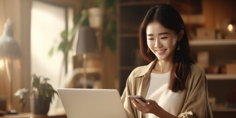 Aufkleber - A woman is seen holding a cell phone while looking at a laptop. This image can be used to represent technology, communication, and multitasking.
