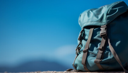 Sticker - Hiking backpack on mountain peak, a perfect adventure for exploration generated by AI