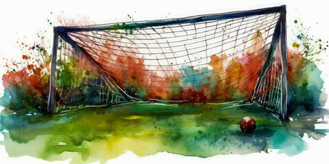 Wall Mural - Watercolor drawing of a soccer goal. Generative AI.