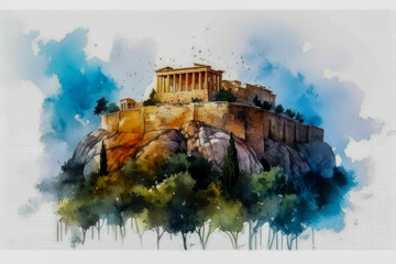 Wall Mural - Watercolor drawing of the acropolis of Athens. Generative AI.