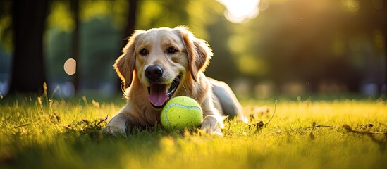 Canvas Print - A joyful Labrador Golden Retriever Dog happily enjoys playing with a Ball in a park while wearing a smile on its face