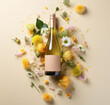 A bottle of wine in flowers, on a yellow  background in pastel colors. Top view with a meta for text. Advertising photo.