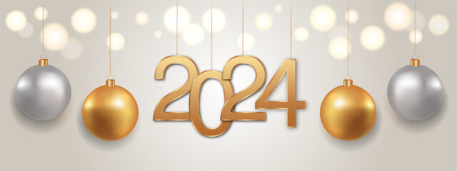 Poster - Happy New Year 2024 background. Shiny golden 2024 New Year. Modern luxury background with silver and gold balls. Modern Christmas background. Vector EPS 10