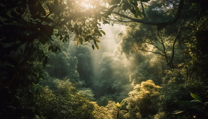 Poster - The foggy forest in autumn creates a spooky mystery generated by AI