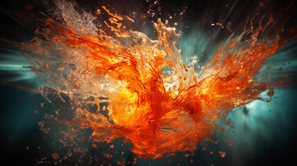 Wall Mural - swimmer diving into water, abstract splash, resembling a phoenix, fiery colors, freeze-motion, ultra