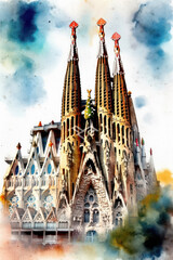 Wall Mural - Watercolor drawing of the Sagrada Familia cathedral in Barcelona. Generative AI.