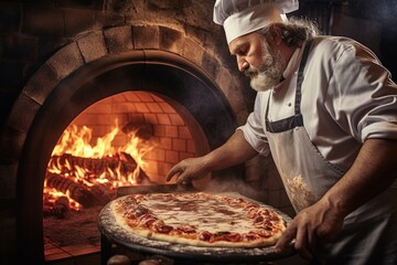 Wall Mural - Old pizza maker making a homemade pizza placing it into oven.