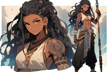 Wall Mural - Full body tattooed muscular female monk with facial piercings, holding a bo staff. Japanese animation style character design illustration. generative AI