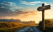Wooden Signpost On The Side Of A Dirt Rustic Road In Front Of Sunset. Illustration