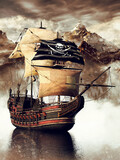 Fototapeta Most - Pirate ship sailing near a mountaneous island. 3d render.
