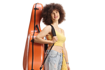 Wall Mural - Young female musician with a cello case on her shoulder smiling at camera