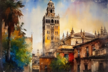 Wall Mural - Watercolor drawing of the Giralda of Seville. Generative AI.