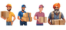 Collection Set Of Delivery Man Courier Service And E Commerce Isolated On Transparent Background.