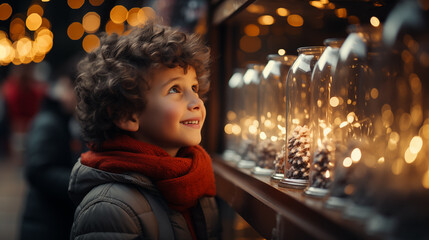 Wall Mural - Portrait of a boy looking and dreaming near the Christmas shop window at a traditional Christmas market. The concept of celebrating Christmas in childhood. Generative AI