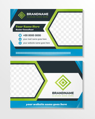 Poster - Green hexagon modern creative business card and combined with blue element of name card, horizontal layout with simple template vector design, layout in rectangle size. space for photo collage. 